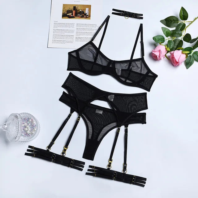 Richeza™ | Transparentes 4-teilige Dessous-Set mit Strapshaltern