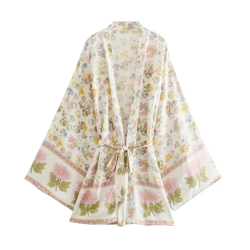 Dina - Lang Vintage Kimono mit buntem Druck
